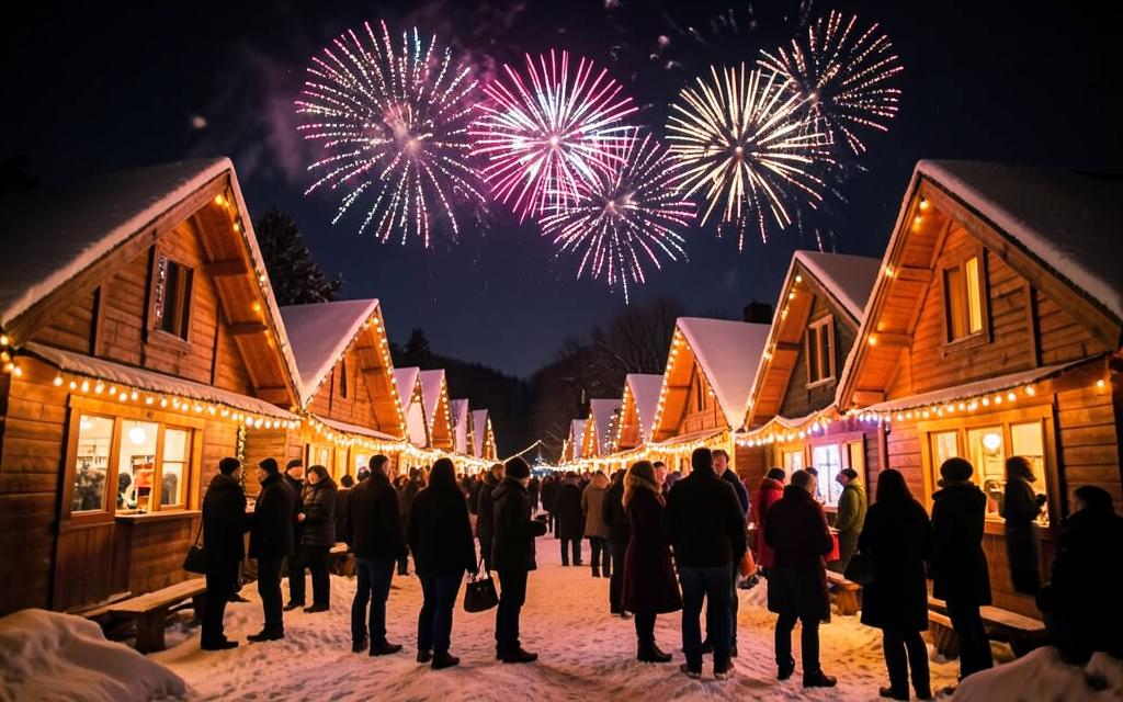 Silvesterfeier im Winterdorf mit Feuerwerk über beleuchteten Hütten