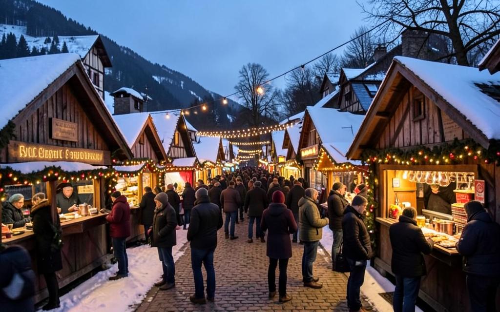 Weihnachtsmarkt mit beleuchteten Holzhütten im Schnee